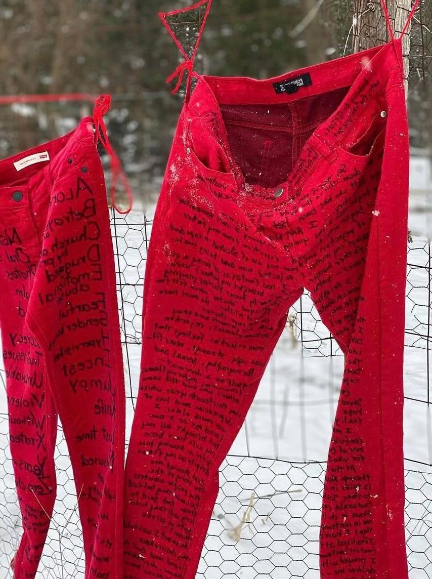 Pair of red jeans hanging on a fence, with a survivor's story inscribed on the jeans.